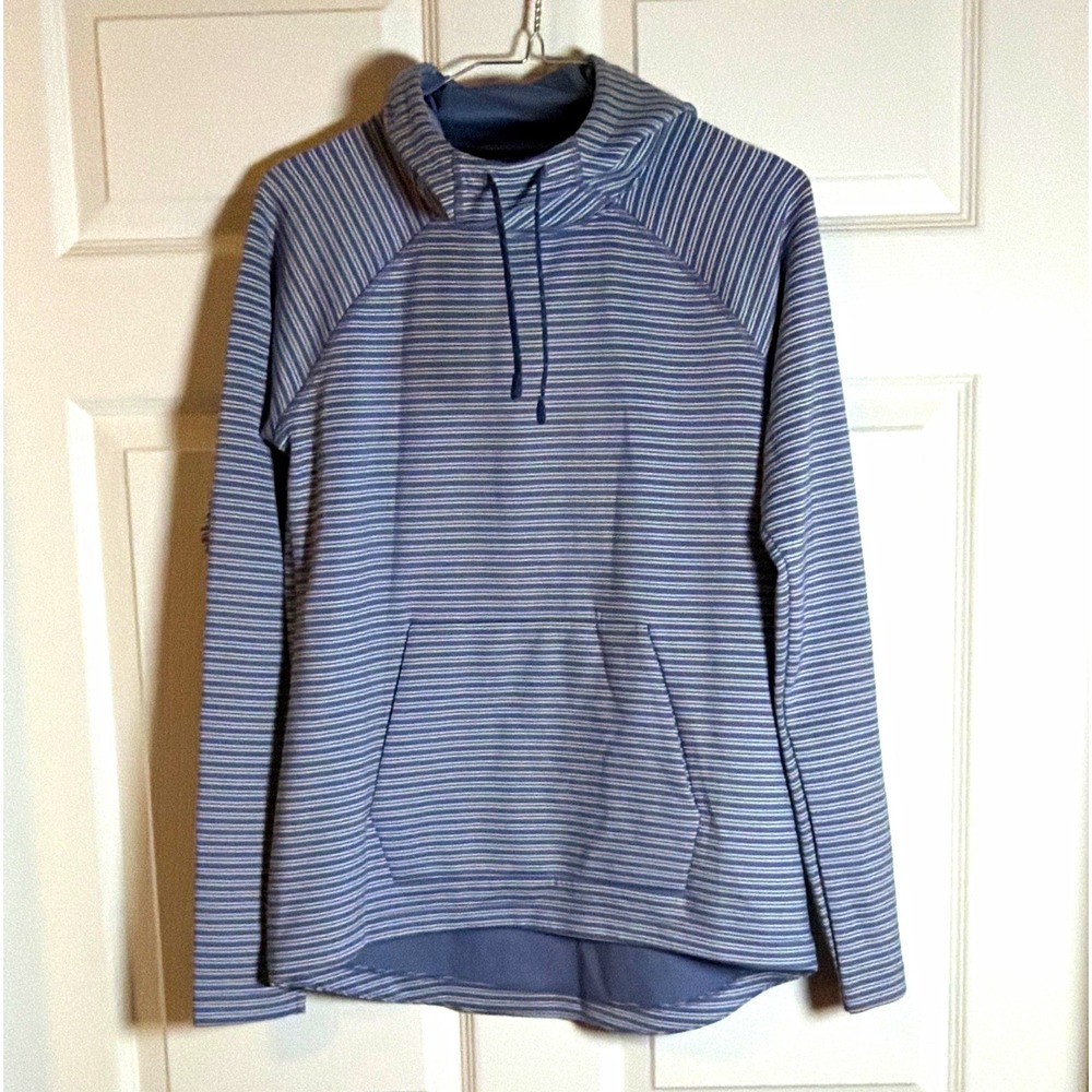 Columbia Women's Small Petite Gray Blue Striped Hooded Active Pullover Hoodie